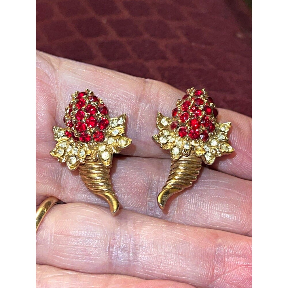 Gold Tone Red AB Rhinestones Cornucopia Flower Cluster Earrings Screw Back